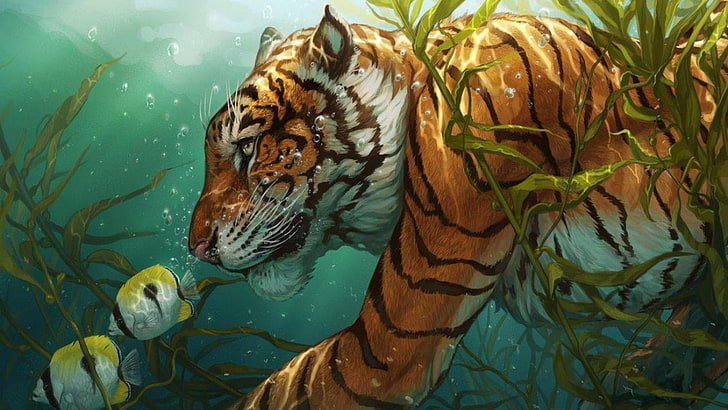 brown and black tiger illustration, animals, artwork, tiger, fish, bubbles, underwater, HD wallpaper