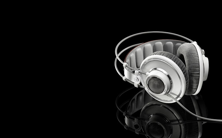 headphone, hitam, putih, AKG, musik, satu warna, teknologi, refleksi, minimalis, latar belakang hitam, Wallpaper HD