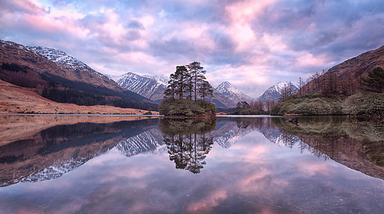 green trees on the body of water during sunset, scotland, scotland, Lochan, Urr, Glen Etive, Scotland, green, trees, body of water, sunset, Highlands, Buachaille Etive Mor, Buachaille Etive Beag, mountain, nature, lake, landscape, reflection, scenics, outdoors, water, sky, beauty In Nature, HD wallpaper HD wallpaper