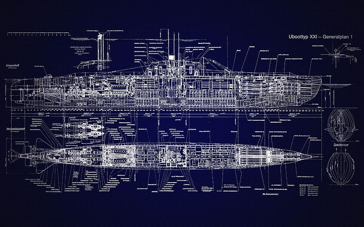 blueprints, submarine, U-Boat, Type XXI, schematic, HD wallpaper