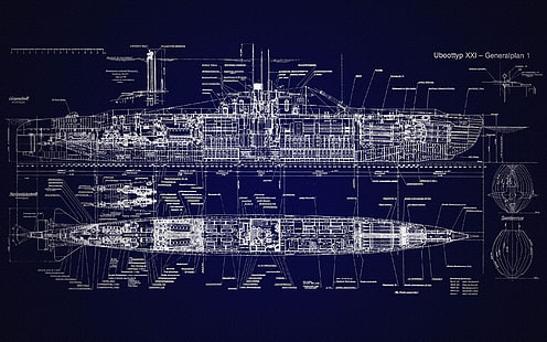 青写真、潜水艦、Uボート、タイプXXI、回路図、 HDデスクトップの壁紙 HD wallpaper