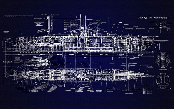 U-Boat, schematic, blueprints, submarine, Type XXI, HD wallpaper