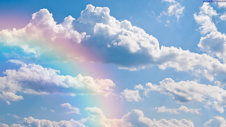 white clouds, the sky, clouds, rainbow, HD wallpaper