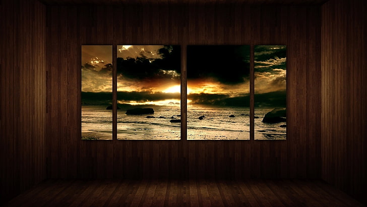 beach shore 4-panel painting, window, shore, rocks, water, sunset, landscape, room, HD wallpaper