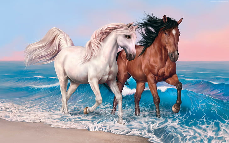 konie, bieg, morze, ocean, zachód słońca, biały, brązowy, zdjęcia 4k, ultra hd, Tapety HD