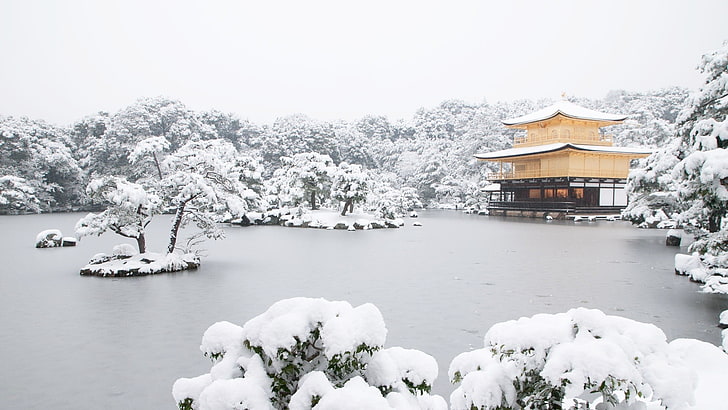 casa de madeira marrom e preta, Japão, templo, lago, neve, Kyoto, kinkakuji, HD papel de parede