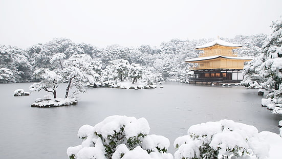 кафява и черна дървена къща, Япония, храм, езеро, сняг, Киото, кинкакуджи, HD тапет HD wallpaper