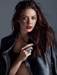 Elizabeth Olsen, actress, women, leather jackets, red lipstick, black jackets, HD wallpaper HD wallpaper