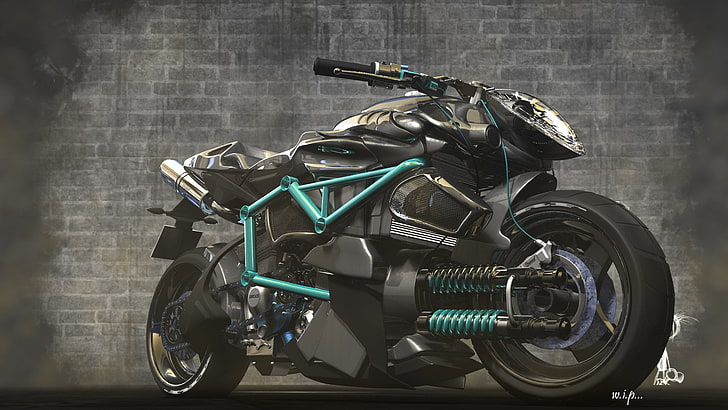 черно-синий спортивный мотоцикл, мотоцикл, концепт-байк, неудержимая шаурья, HD обои