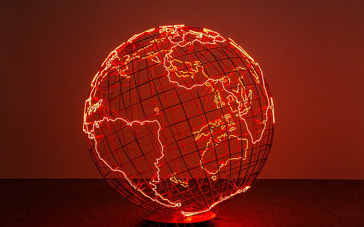 red and white table lamp, planet, Earth, artwork, wire, lights, neon, globes, nets, continents, Europe, Africa, South America, Australia, Antarctica, simple background, electricity, sphere, world map, HD wallpaper