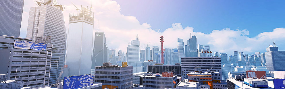 Hochhäuser, Mirror's Edge, Stadt, CGI, Videospiele, mehrere Bildschirme, zwei Monitore, HD-Hintergrundbild HD wallpaper