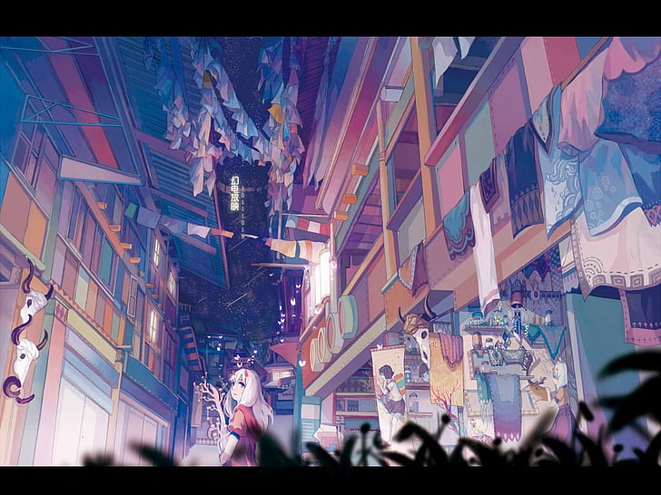 frau zwischen gebäude anime digital wallpaper, anime girls, asiatische architektur, teppiche, HD-Hintergrundbild