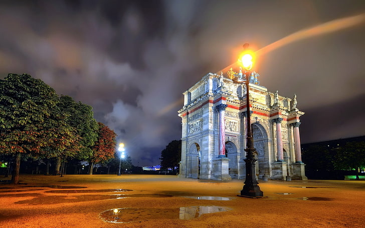 Arc de Triomphe, city, night, paris, arch, HD wallpaper