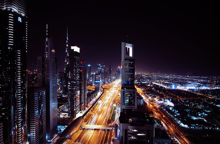 rascacielos, dubai, emiratos árabes unidos, ciudad de noche, Fondo de pantalla HD