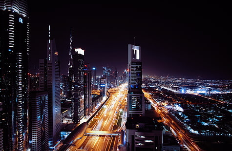 rascacielos, dubai, emiratos árabes unidos, ciudad de noche, Fondo de pantalla HD HD wallpaper