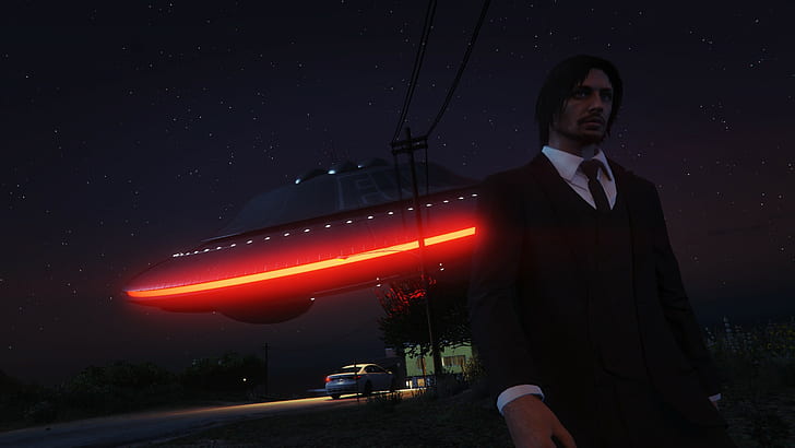 John Wick, Keanu Reeves, GTA5, Grand Theft Auto, UFO, area 51, night, city, town, Chill Out, Grand Theft Auto V, Chumash, video games, HD wallpaper