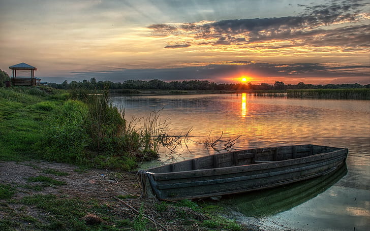 jezioro, łódka, zachód słońca, Tapety HD