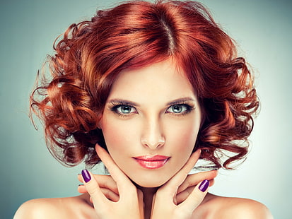femmes, modèle, rousse, visage, portrait, yeux verts, maquillage, regardant la visionneuse, cheveux ondulés, cheveux courts, Fond d'écran HD HD wallpaper