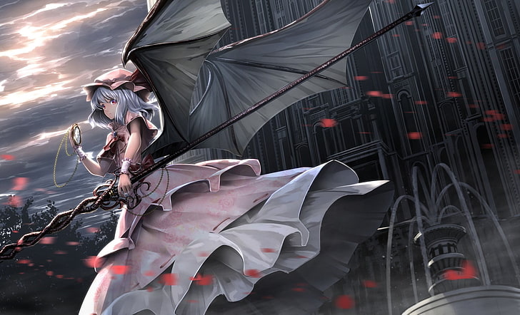 female character with wings illustration, clouds, white dress, grey hair, hat, petals, red eyes, Remilia Scarlet, short hair, sky, spear, Touhou, vampires, weapon, wings, cityscape, skyscraper, horizon, HD wallpaper