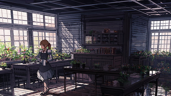аниме девушка персонаж держит лейку цифровые обои, аниме девушки, оригинальные персонажи, в помещении, брюнетка, длинные волосы, челка, лента, хвостик, украшение для волос, платье, растения, книги, HD обои HD wallpaper