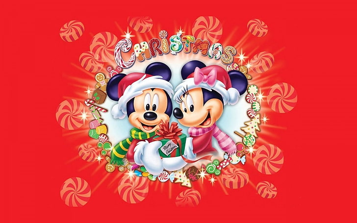 Liburan, Natal, Disney, Mickey Mouse, Minnie Mouse, Merah, Permen, Wallpaper HD