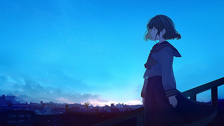 Anime, Manga, Anime Girls, Himmel, Blau, Wolken, Schulmädchen, Matrosenuniform, Blick in die Ferne, HD-Hintergrundbild