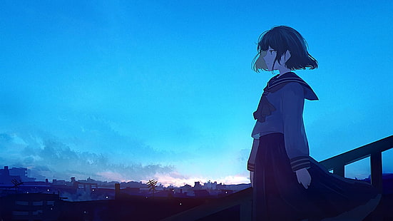 anime, manga, anime girls, ciel, bleu, nuages, écolière, uniforme de marin, regardant au loin, Fond d'écran HD HD wallpaper