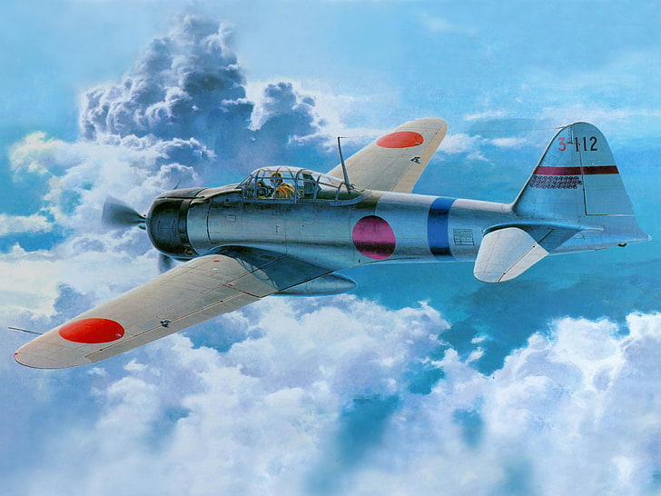 blue and white plane photo, Japan, World War II, Zero, Mitsubishi, airplane, military, military aircraft, aircraft, Japanese, artwork, HD wallpaper