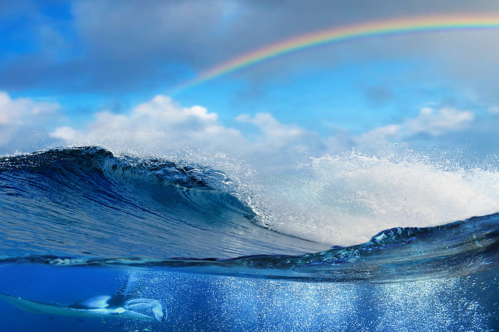 arc en ciel, mer, split view, sous l'eau, eau, vagues, Fond d'écran HD