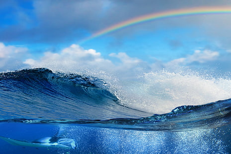 虹、海、スプリットビュー、水中、水、波、 HDデスクトップの壁紙 HD wallpaper