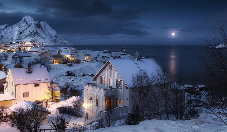 winter, sea, landscape, mountains, nature, the moon, ship, home, the evening, village, Norway, The Lofoten Islands, Lofoten, Andrey Chabrov, HD wallpaper