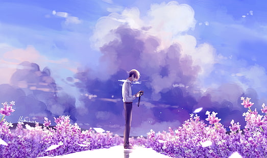 Девичья аллея, аниме парни, цветы, небо, HD обои HD wallpaper