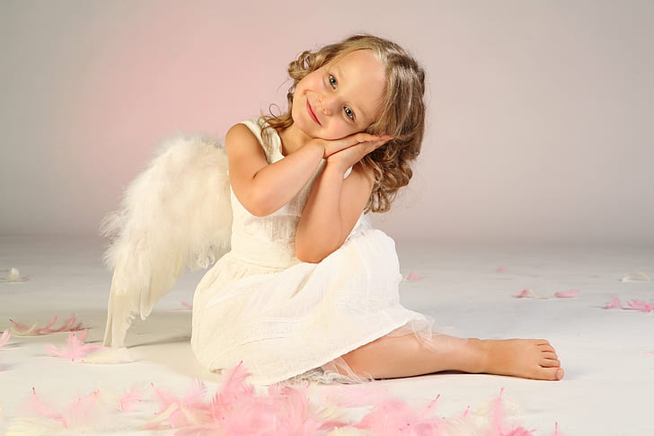 joy, happiness, children, childhood, child, wings, angel, feathers, cute, beautiful, lovely, little girl, HD wallpaper