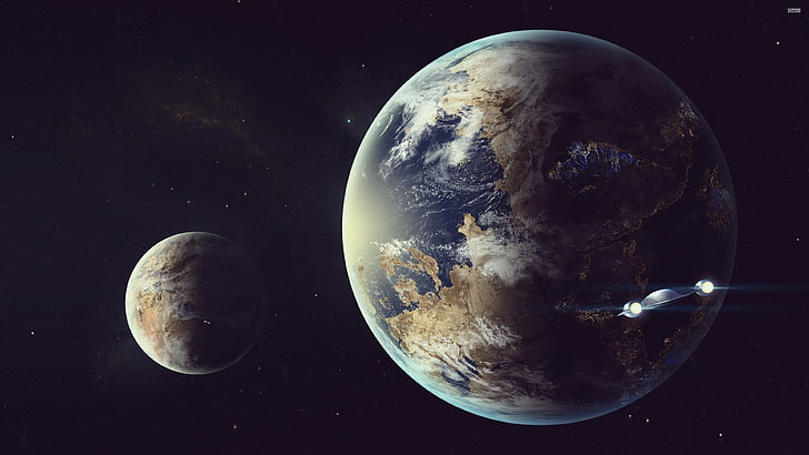 Cyfrowa tapeta planeta Ziemia, grafika, science fiction, planeta, statek kosmiczny, przestrzeń, Tapety HD