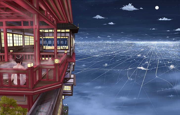 vista panorâmica, varanda, paisagem urbana, nuvens, anime, garotas de anime, HD papel de parede