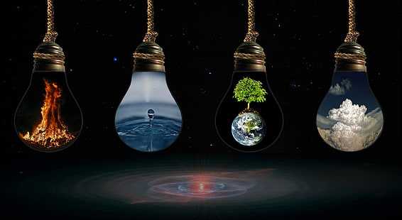 vier Glühbirnen digitale Tapete, Feuer, Element, Kunst, die Luft, Wasser.Erde, HD-Hintergrundbild HD wallpaper