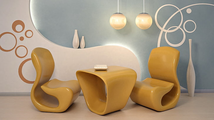 노란색 세라믹 테이블과 의자, 방, 가구, 스타일, 인테리어, 디자인, HD 배경 화면