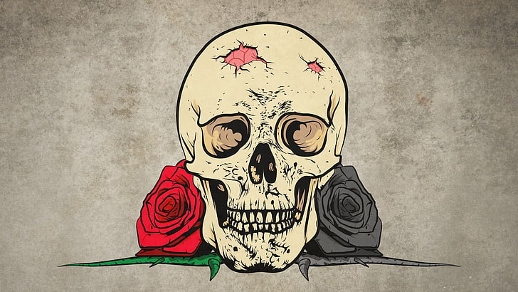 mänsklig skalle mellan röda och grå rosor digital tapet, digital konst, teckning, skalle, ros, tänder, blommor, taggar, enkel bakgrund, HD tapet