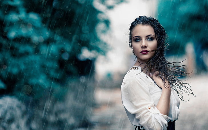 Vestido branco menina na chuva, molhado, Branco, vestido, menina, chuva, molhado, HD papel de parede