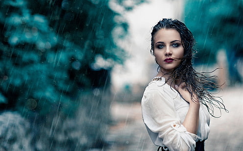 Vestido branco menina na chuva, molhado, Branco, vestido, menina, chuva, molhado, HD papel de parede HD wallpaper