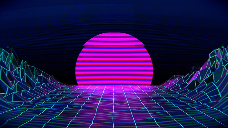 круглая розовая иллюстрация, паровая волна, сетка, солнце, HD обои