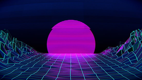 круглая розовая иллюстрация, паровая волна, сетка, солнце, HD обои HD wallpaper