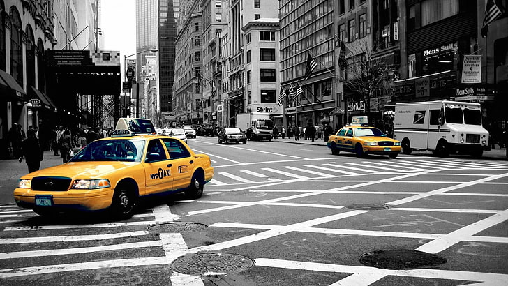 two yellow cabs, street, taxi, road, traffic, HD wallpaper