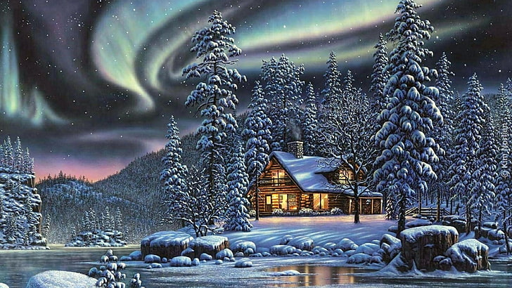 cabaña de madera, pintura, casa, cabaña, pino, escarcha, tarde, navidad, abeto, naturaleza, luces polares, noche, árbol, fenómeno, congelación, nieve, cielo, invierno, Fondo de pantalla HD
