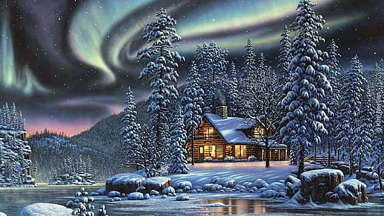 log cabin, painting, house, cottage, pine, frost, evening, christmas, fir, nature, polar lights, night, tree, phenomenon, freezing, snow, sky, winter, HD wallpaper HD wallpaper