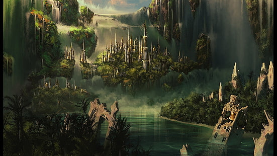 خلفية البحيرة والأشجار ، سيد الخواتم ، سيد الخواتم ، القلعة ، المدينة ، الخيال ، الخراب، خلفية HD HD wallpaper