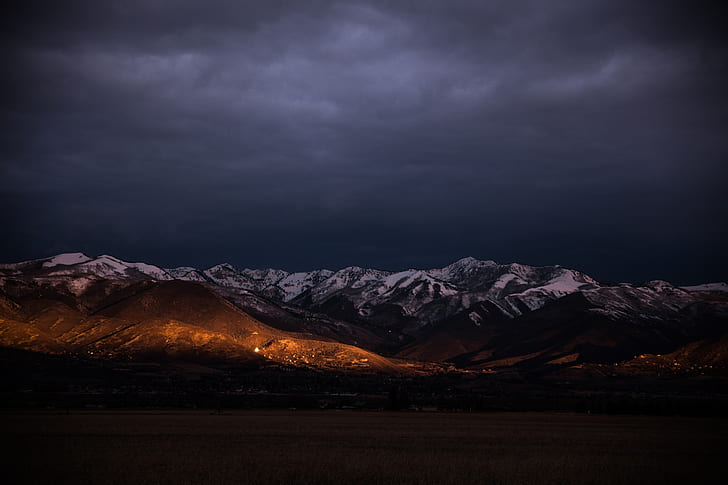 mountains, night, peaks, snowy, HD wallpaper
