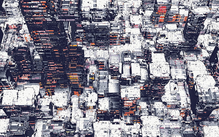 مدينة مليئة بالثلوج ، صورة للمباني الشاهقة ، الهندسة المعمارية ، الفن الرقمي ، مناظر المدينة ، الأعمال الفنية ، أتيليه أولشينسكي ، أبيض، خلفية HD