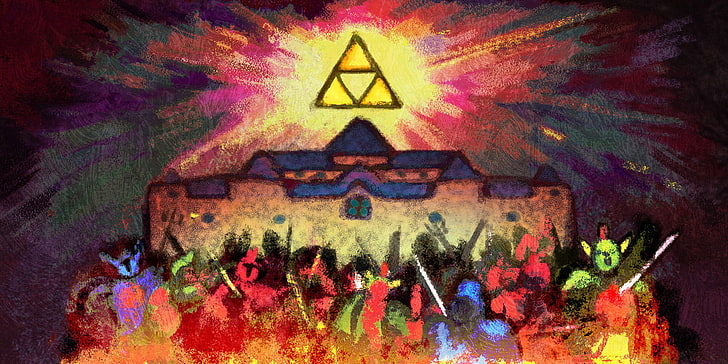 orang-orang berdiri di dekat bangunan lukisan, The Legend of Zelda, Triforce, video game, karya seni, Wallpaper HD