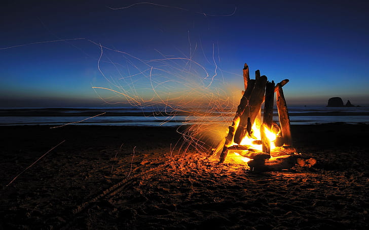 Playa fuego, fuego, playa, mar, Fondo de pantalla HD